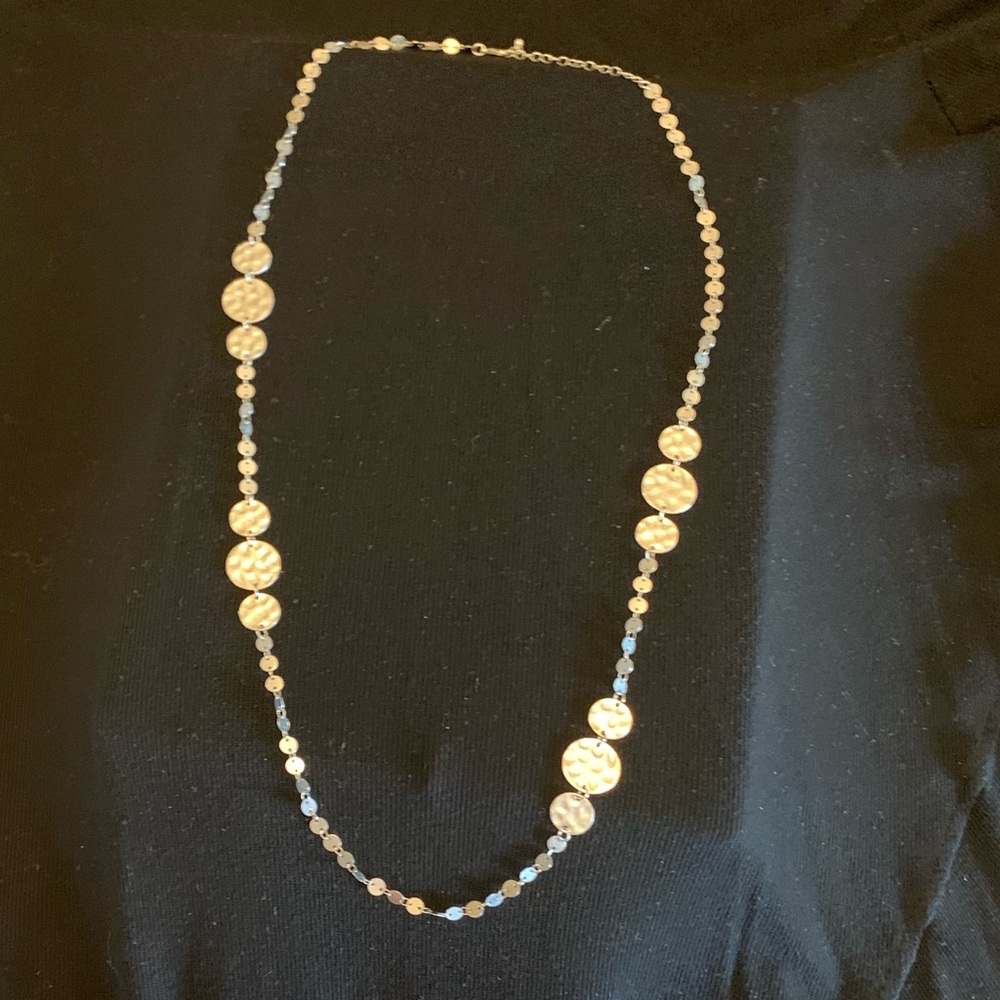 Silver hammered medal long necklace